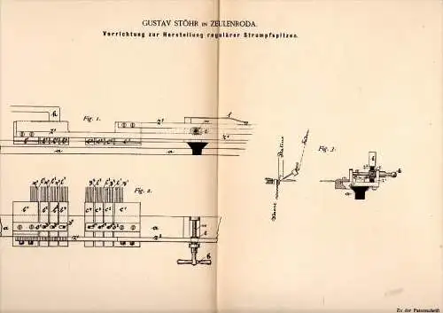 Original Patentschrift - Gustav Stöhr in Zeulenroda , 1884 , Apparat für Strumpfspitzen , Strickerei , Flechterei !!!