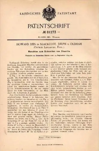 Original Patentschrift - H. Lees in Slackcote , Delph b. Oldham , 1894 , Machine for cutting chenille, weaving !!!