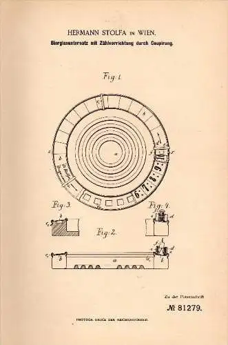 Original Patentschrift - Hermann Stolfa in Wien , 1884 , Bierglasuntersatz mit Zählvorrichtung , Kneipe , Bar , Bier !!!