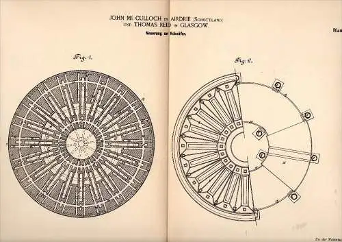 Original Patentschrift - J. Mc Culloch in Airdie , Scotland , 1884 , Innovation in coke oven , Th. Reid in Glasgow !!!