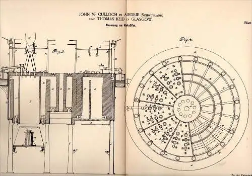 Original Patentschrift - J. Mc Culloch in Airdie , Scotland , 1884 , Innovation in coke oven , Th. Reid in Glasgow !!!