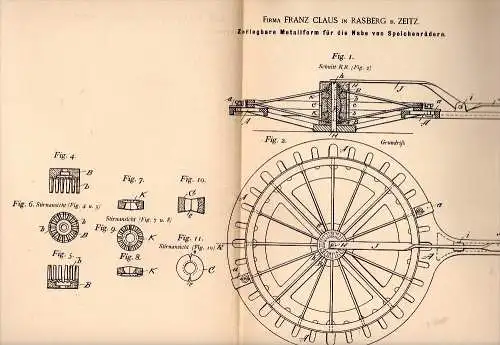 Original Patentschrift - Franz Claus in Rasberg b. Zeitz , 1894 , Metallform für Speicheräder , Gießerei , Metallbau !!!