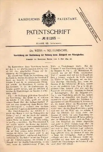 Original Patentschrift - Dr. Weiss in Neutomischel / Nowy Tomyśl , 1894 , Reibungsbestimmung von Flüssigkeiten !!!