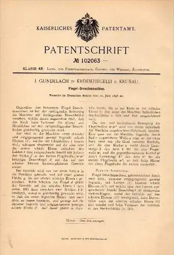 Original Patentschrift -J. Gundelach in Krimmziegelei b. Krusau / Krusa ,1898, Flegel - Dreschmaschine , Agar , Aabenraa