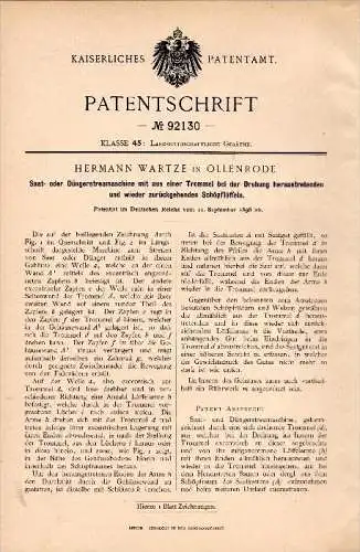 Original Patentschrift - H. Wartze in Ollenrode b. Stara Ruda / Graudenz , 1896 , Saat- und Düngerstreumaschine , Agrar