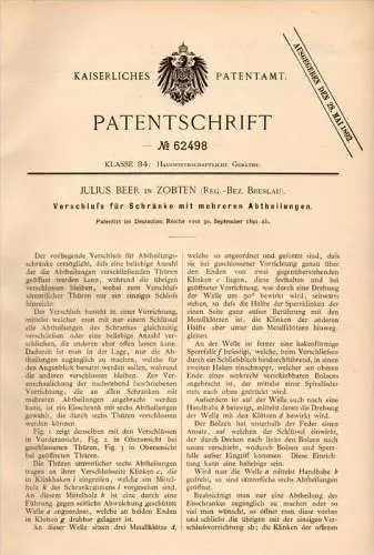 Original Patentschrift - Julius Beer in Zobten / Sobótka b. Breslau , 1891 , Schrank - Verschluß , Möbel , Tischlerei !!