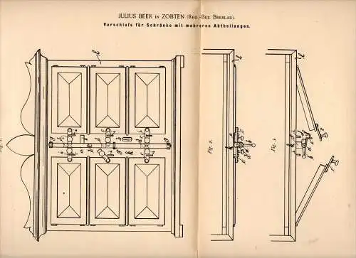 Original Patentschrift - Julius Beer in Zobten / Sobótka b. Breslau , 1891 , Schrank - Verschluß , Möbel , Tischlerei !!