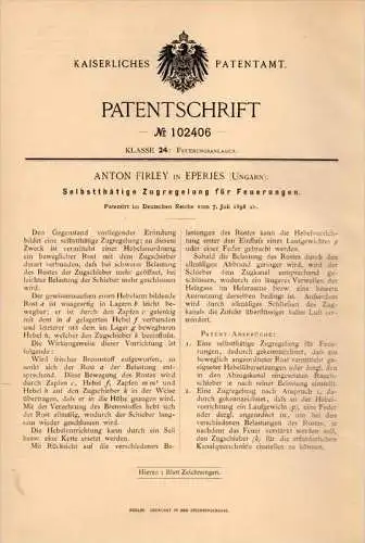 Original Patentschrift - Anton Firley in Eperjes / Prešov, 1898 , Zugregelung für Feuerung , Heizung , Hungary , Ungarn