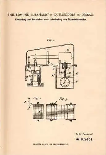 Original Patentschrift -  E. Burkhardt in Quellendorf b. Südliches Anhalt , 1898 , Dampfmaschine - Sicherheitsventil !!!