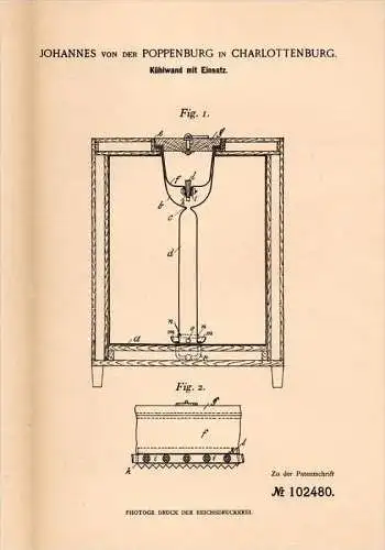 Original Patentschrift - Johannes von der Poppenburg in Berlin , 1897 , Kühlschrank , Eisbereitung , Eis , Adel !!!