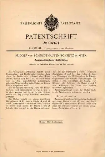 Original Patentschrift - Rudolf von Schmidthausen - Schmitz in Wien , 1898 , Kleiderhalter , Kleidung , Stock , Schirm !