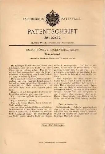 Original Patentschrift - Oscar König in Lindenberg i. Allgäu , 1898 , Sicherheitsnadel , Nadel , Schmuck !!!