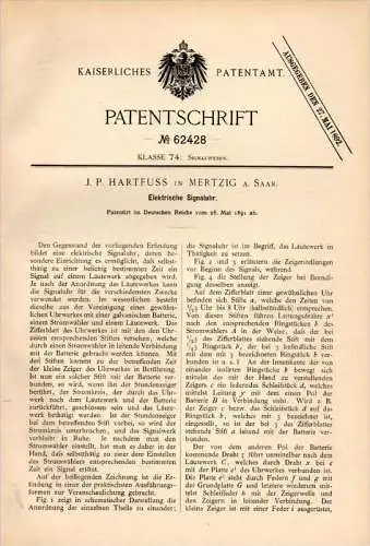 Original Patentschrift - J.P. Hartfuss in Merzig a. Saar , 1891 ,  elektr. Signaluhr , Uhr , Signal , Mertzig !!!