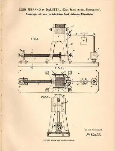 Original Patentschrift - Jules Ferrand dans Darnetál , Seine , 1891 ,Régulateur de courant à la résistance, électrique !