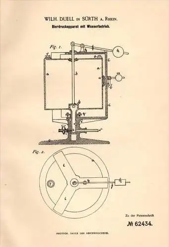 Original Patentschrift - Wilh. Duell in Sürth a. Rhein , 1891 , Bier - Druckapparat , Ausschank , Kneipe , Bar , Köln !!