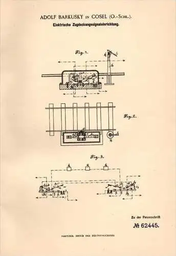 Original Patentschrift - A. Barkusky in Cosel / Ko&#378;le , 1891,elektrische Anlage für Eisenbahn , Gleis , K&#281;dzie