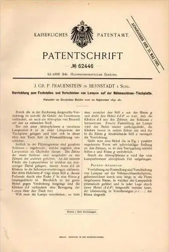 Original Patentschrift -P. Frauenstein in Bernstadt / Bierutów i. Schlesien ,1891, Apparat für Nähmaschine , Schneiderei