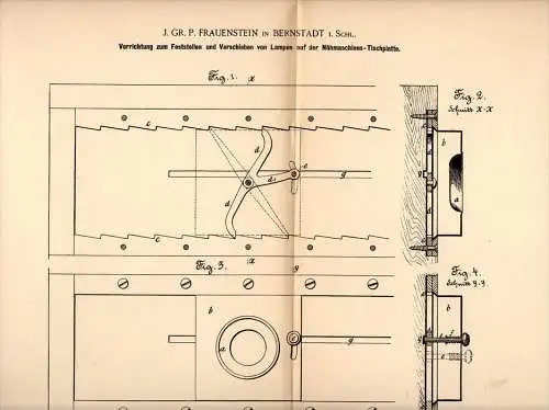 Original Patentschrift -P. Frauenstein in Bernstadt / Bierutów i. Schlesien ,1891, Apparat für Nähmaschine , Schneiderei