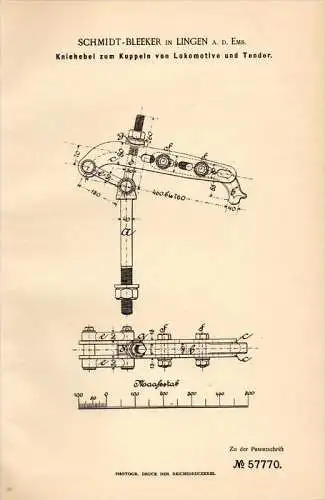 Original Patentschrift - Schmidt - Bleeker in Lingen a.d. Ems , 1891 , Kupplung für Lokomotive , Tender , Eisenbahn !!!