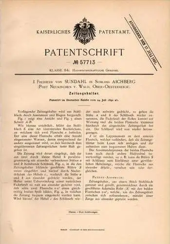 Original Patentschrift - J. Freiherr von Sundahl in Schloss Aichberg , 1890 , Zeitungshalter , Zeitung , Eichberg !!!