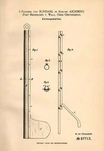 Original Patentschrift - J. Freiherr von Sundahl in Schloss Aichberg , 1890 , Zeitungshalter , Zeitung , Eichberg !!!