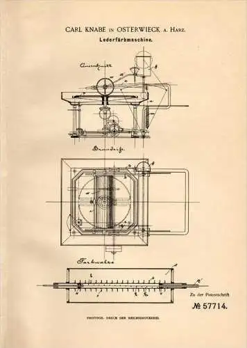 Original Patentschrift - Carl Knabe in Osterwieck a. Harz , 1890 , Leder - Färbmaschine , Färberei , Fell !!!