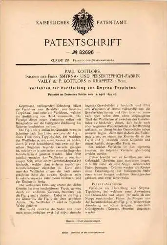 Original Patentschrift - Vally & Kottlors in Krappitz / Krapkowice i. Schl., 1894 ,  Smyrna - Teppich , Perser !!!