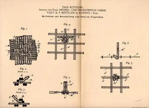 Original Patentschrift - Vally & Kottlors in Krappitz / Krapkowice i. Schl., 1894 ,  Smyrna - Teppich , Perser !!!