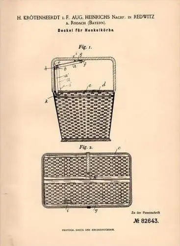 Original Patentschrift -  A. Krötenheerdt in Redwitz a. Rodach , 1894 , Deckel für Henkelkorb , Korb , Heinrichs !!!