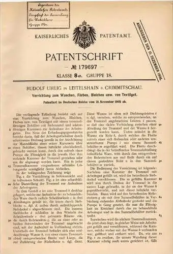 Original Patentschrift - R. Uhlig in Leitelshain b. Crimmitschau ,1905, Apparat zum Waschen und Bleichen , Waschmaschine