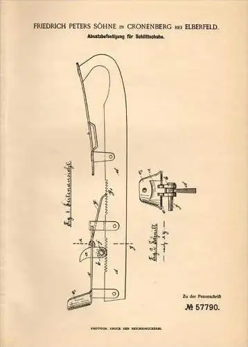 Original Patentschrift - F. Peters Söhne in Cronenberg b. Elberfeld , 1890 , Schlittschuhe - Befestigung , Eislauf  !!!