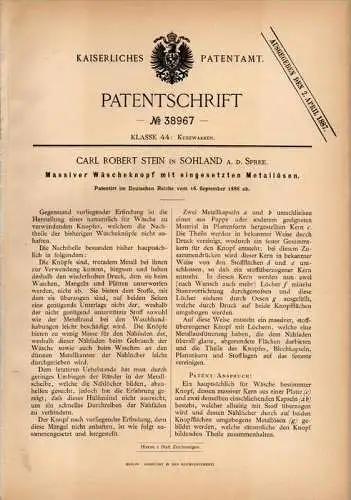 Original Patentschrift - C.R. Stein in Sohland a.d. Spree , 1886 , massiver Wäscheknopf , Knöpfe , Textilien , Bautzen !