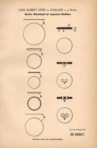 Original Patentschrift - C.R. Stein in Sohland a.d. Spree , 1886 , massiver Wäscheknopf , Knöpfe , Textilien , Bautzen !