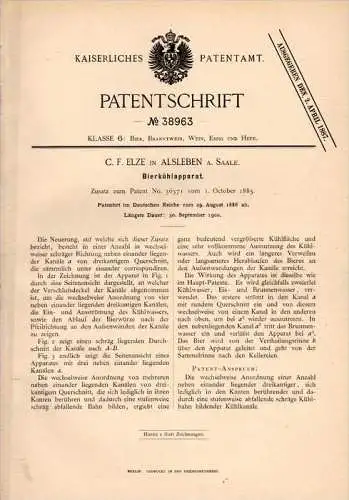 Original Patentschrift - C.F. Elze in Alsleben a. Saale , 1886, Bier - Kühlapparat , Kneipe , Bar , Alkohol , Zapfanlage