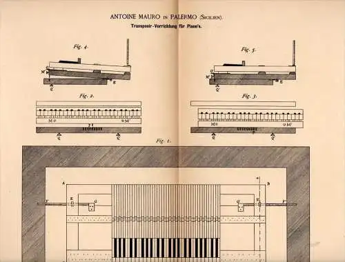 Original Patentschrift - A. Mauro in Palermo , Sicilia , 1886 , Appareil pour piano, instrument de musique !!!