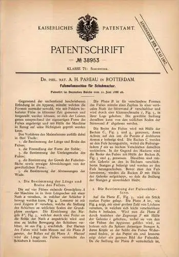 Original Patentschrift - Dr. Phil. Nat. A.H. Pareau in Rotterdam , 1886 , Meßmaschine für Schuhmacher , Schuhe !!!