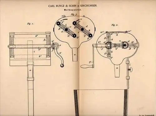 Original Patentschrift - Carl Runge in Kirchohsen b. Emmerthal , 1886 , Melkmaschine , Melken , Milch , Landwirtschaft !