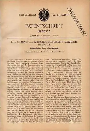 Original Patentschrift - F. Meyer , Glossinde - Decharme dans Malzéville , 1886, Appareil de télégraphie , telegraphy !!