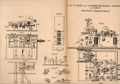 Original Patentschrift - F. Meyer , Glossinde - Decharme dans Malzéville , 1886, Appareil de télégraphie , telegraphy !!