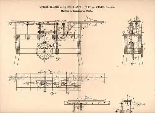 Original Patentschrift -  O. Telesio in Cornigliano , Ligure , 1894 , Macchina per tappi di sughero  !!!