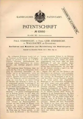 Original Patentschrift - P. Steinbrecht in Wallhausen am Kyffh., 1890 , Maschine für Hohlkörper , Ostereier , Karamel !!