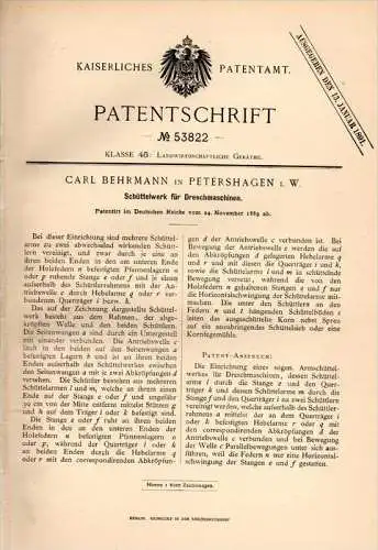 Original Patentschrift -  Carl Behrmann in Petershagen i.W. , 1889, Apparat für Dreschmaschine , Landwirtschaft , Minden