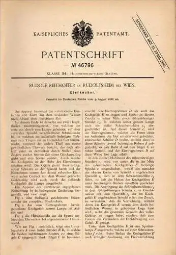 Original Patentschrift - R. Reithoffer in Rudolfsheim b. Wien , 1888 , Eierkocher , Ei , Eier , Hühner !!!