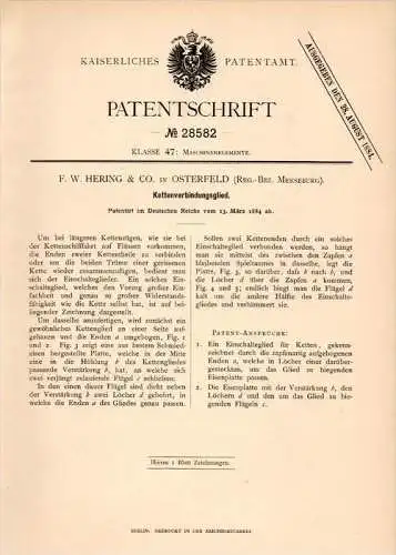 Original Patentschrift - F.W. Hering & Co in Osterfeld b. Merseburg , 1884 , Kettenverbindungsglied , Kette !!!