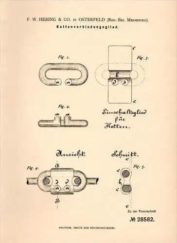 Original Patentschrift - F.W. Hering & Co in Osterfeld b. Merseburg , 1884 , Kettenverbindungsglied , Kette !!!