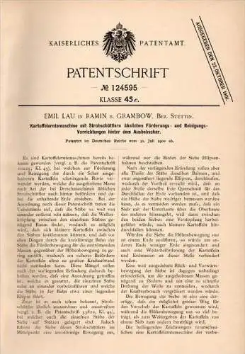 Original Patentschrift - Emil Lau in Ramin b. Grambow i. Meckl., 1900 , Kartoffel - Erntemaschine , Löcknitz , Penkun !!