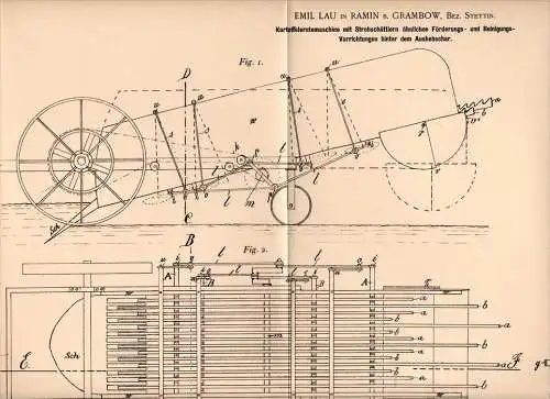 Original Patentschrift - Emil Lau in Ramin b. Grambow i. Meckl., 1900 , Kartoffel - Erntemaschine , Löcknitz , Penkun !!