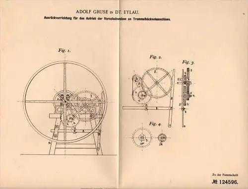 Original Patentschrift - Adolf Gruse in Deutsch Eylau / I&#322;awa , 1900 , Antrieb für Häckselmaschine , Agrar !!!