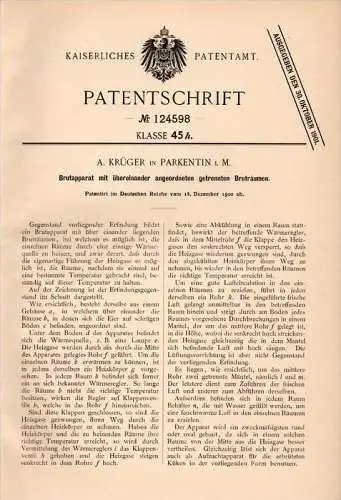 Original Patentschrift - A. Krüger in Parkentin / Bartenshagen i. Meckl. , 1900 , Brutapparat , Tierzucht , Bad Doberan