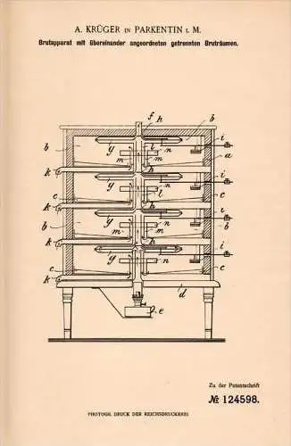 Original Patentschrift - A. Krüger in Parkentin / Bartenshagen i. Meckl. , 1900 , Brutapparat , Tierzucht , Bad Doberan